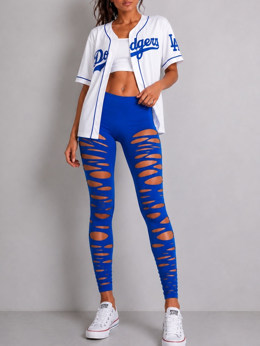 Royal Blue Hand cut-out Zig Zag leggings, Baseball outfit, Los Angeles Outfit